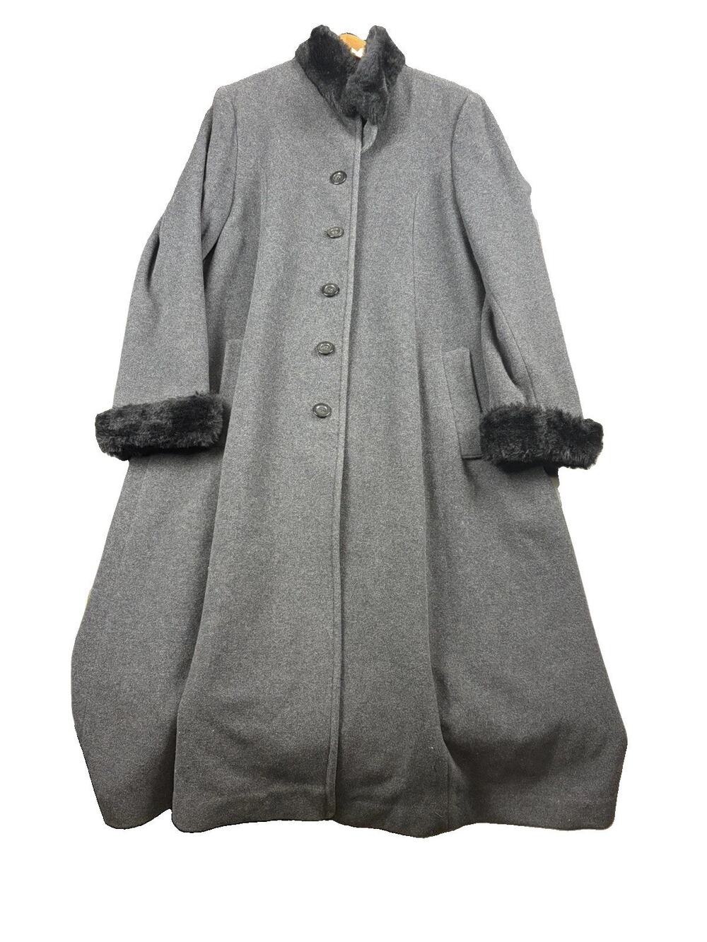 John Weitz Coat Women’s 14 Gray Wool Faux Fur Collar Cuffs Full Length Winter